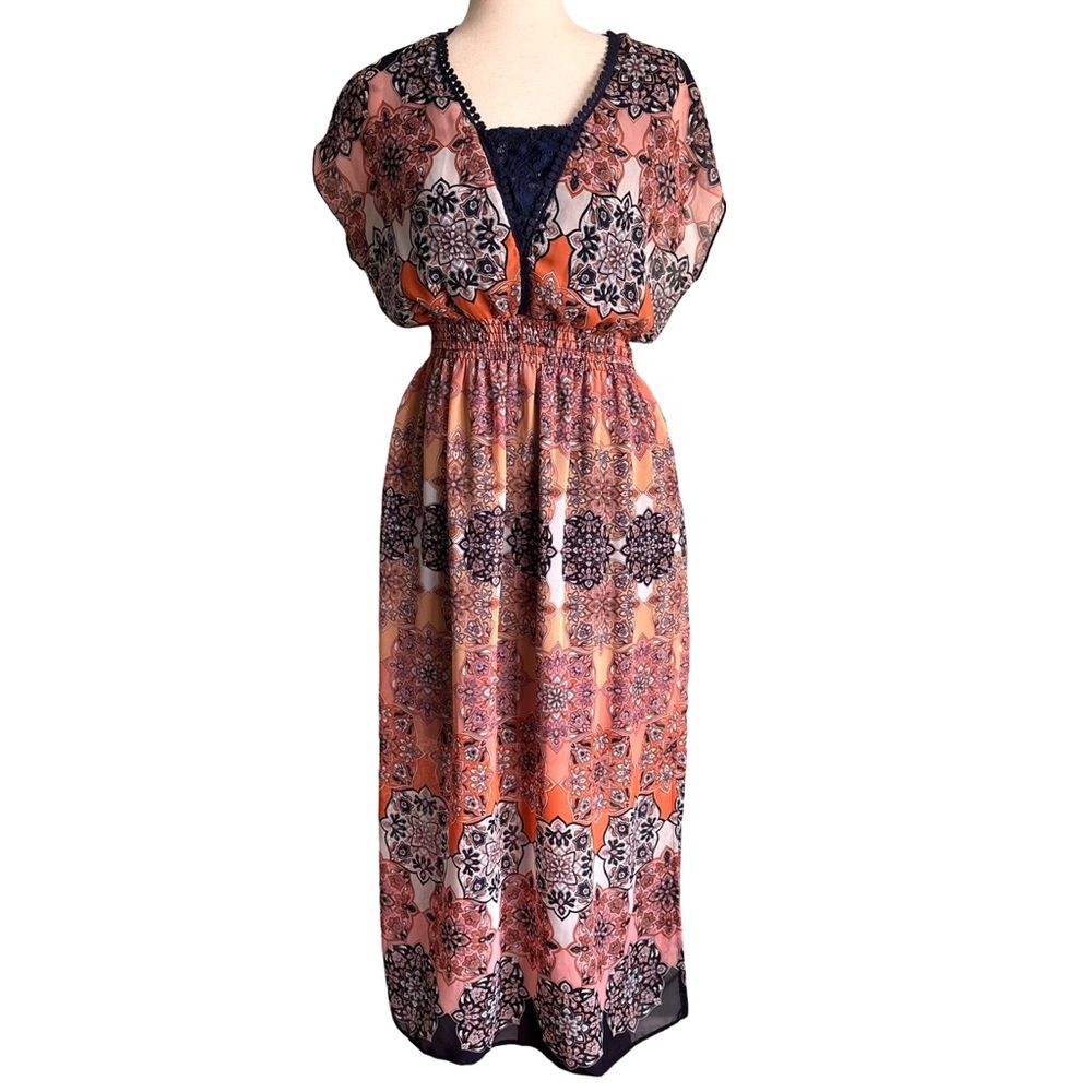 Enfocus Studio Peach Orange Navy Paisley Floral Boho Summer Maxi Dress Sz‎ 8 EUC